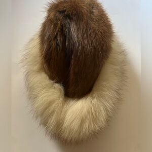 Vintage Genuine Fur Hat With Lace Lining Brown/Cream